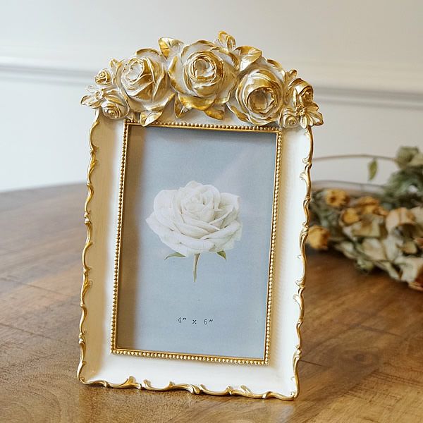 薔薇のフォトフレーム ローズ ホワイト ゴールド 写真立て おしゃれ 薔薇のフォトフレーム ローズ ホワイト ゴールド 写真立て おしゃれ