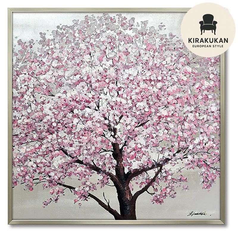 絵画 インテリア オイルペイントアート「 シルバー サクラ 」 83cm角 銀桜 絵画 インテリア 壁掛け 絵画 額入り