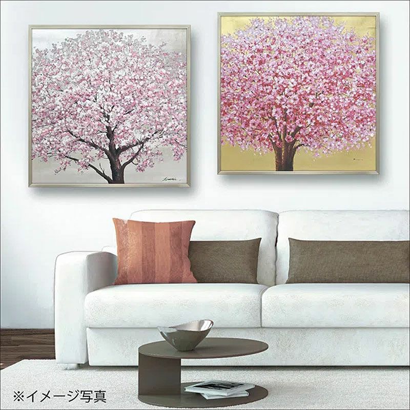 絵画 インテリア オイルペイントアート「 シルバー サクラ 」 83cm角 銀桜 絵画 インテリア 壁掛け 絵画 額入り