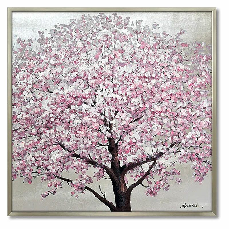 絵画 インテリア オイルペイントアート「 シルバー サクラ 」 83cm角 銀桜 絵画 インテリア 壁掛け 絵画 額入り