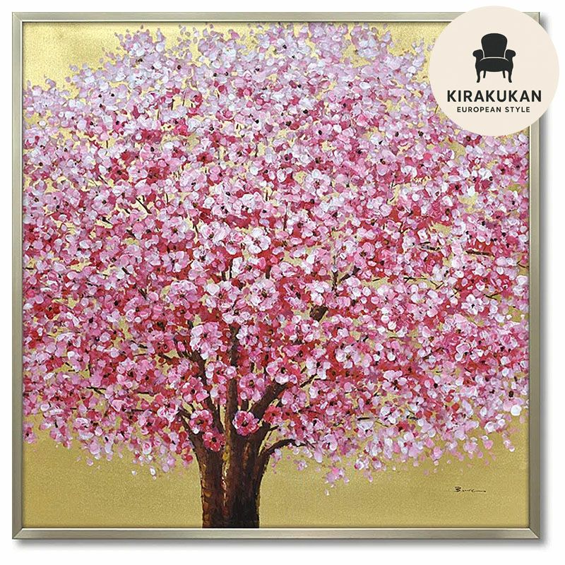 絵画 インテリア オイルペイントアート「 ゴールデン サクラ 」 83cm角 銀桜 絵画 インテリア 壁掛け 絵画 額入り