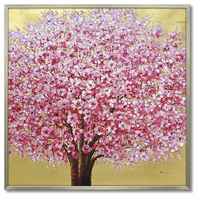 絵画 インテリア オイルペイントアート「 ゴールデン サクラ 」 83cm角 銀桜 絵画 インテリア 壁掛け 絵画 額入り