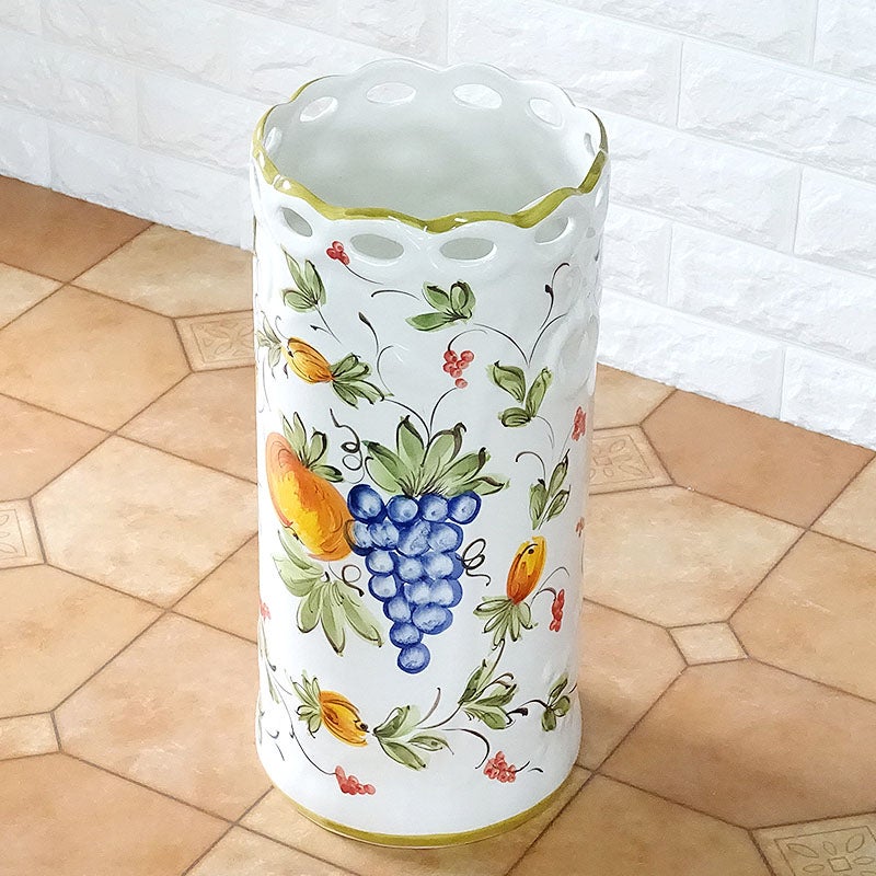 果物装飾の陶器製傘立て 傘立て 陶器 トロピカルフルーツ柄 ホワイト 傘立て スリム 可愛い