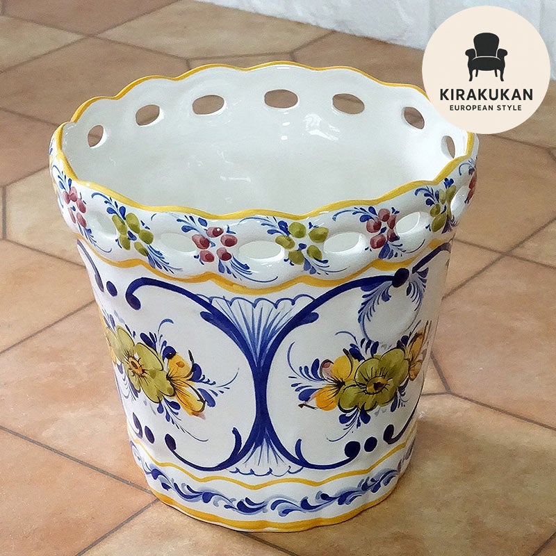 鉢カバー 陶器 プランターカバー ポルトガル製 花柄 イエロー ホワイト ハンドメイド フラワーベース 陶器 プランター