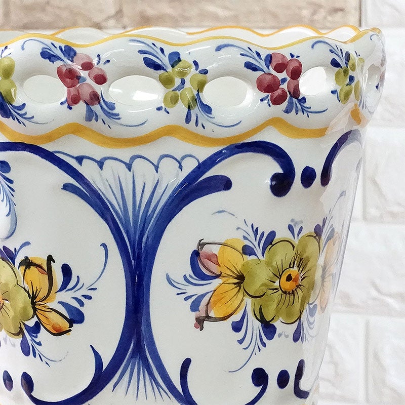鉢カバー 陶器 プランターカバー ポルトガル製 花柄 イエロー ホワイト ハンドメイド フラワーベース 陶器 プランター