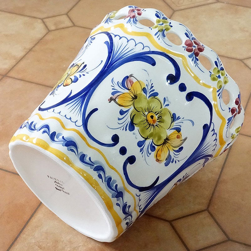 鉢カバー 陶器 プランターカバー ポルトガル製 花柄 イエロー ホワイト ハンドメイド フラワーベース 陶器 プランター