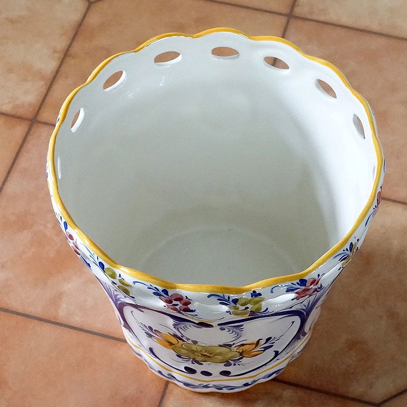 鉢カバー 陶器 プランターカバー ポルトガル製 花柄 イエロー ホワイト ハンドメイド フラワーベース 陶器 プランター