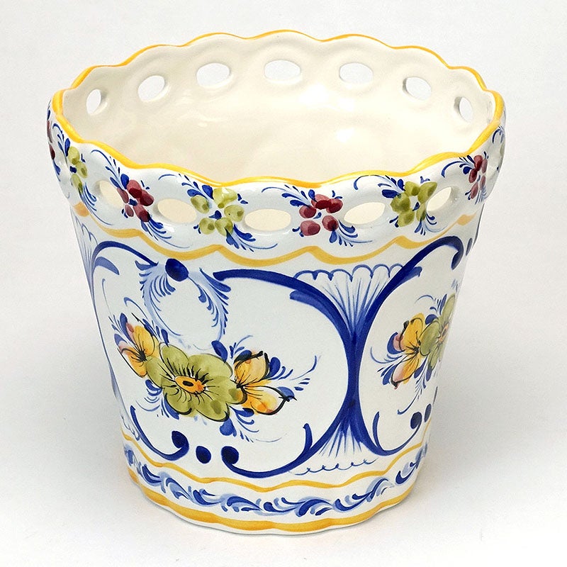 鉢カバー 陶器 プランターカバー ポルトガル製 花柄 イエロー ホワイト ハンドメイド フラワーベース 陶器 プランター