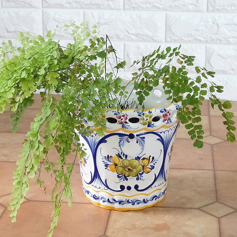 鉢カバー 陶器 プランターカバー ポルトガル製 花柄 イエロー ホワイト ハンドメイド フラワーベース 陶器 プランター