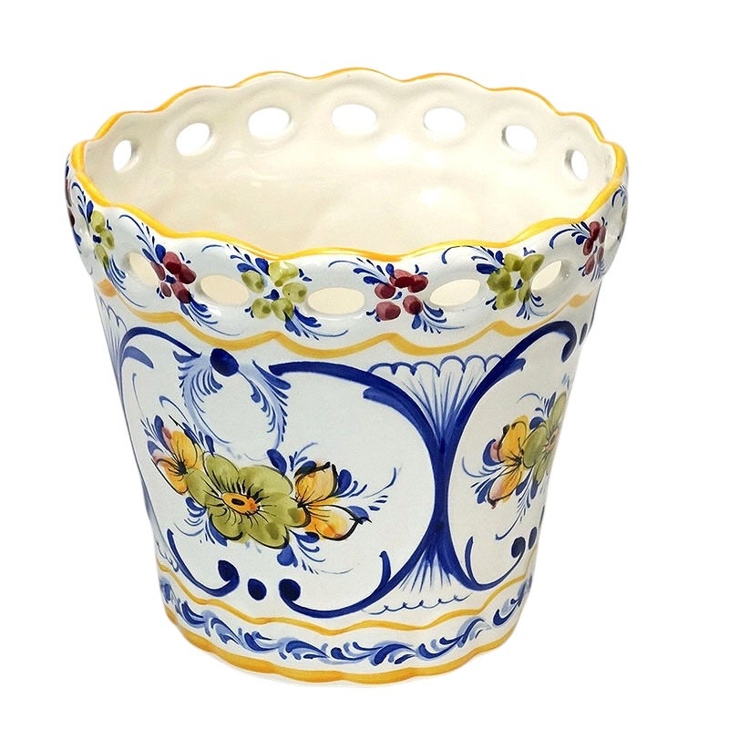 鉢カバー 陶器 プランターカバー ポルトガル製 花柄 イエロー ホワイト ハンドメイド フラワーベース 陶器 プランター