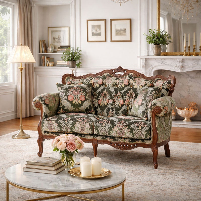 イタリア家具 2人掛けソファ 金華山張り 猫足 猫脚 ウォールナット仕上げ ソファー 木製 ロココ 家具 輸入家具 イタリアン家具