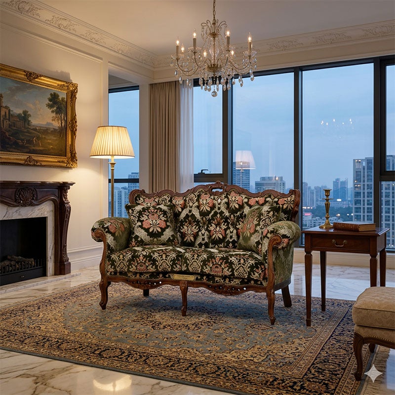 イタリア家具 2人掛けソファ 金華山張り 猫足 猫脚 ウォールナット仕上げ ソファー 木製 ロココ 家具 輸入家具 イタリアン家具