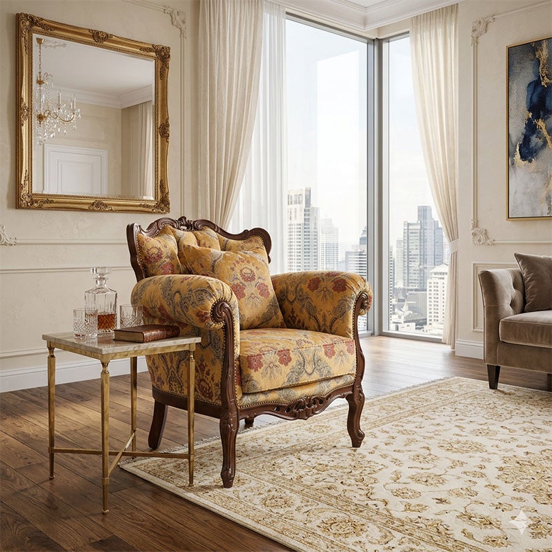 イタリア家具 1人掛けソファ 金華山張り 猫足 猫脚 ウォールナット仕上げ ソファー 木製 ロココ 家具 輸入家具 イタリアン家具 304POO