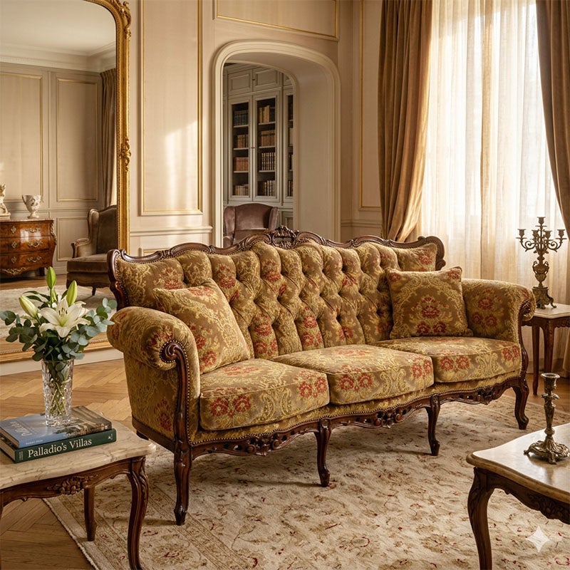 イタリア家具 3人掛けソファ 金華山張り 猫足 猫脚 ウォールナット仕上げ ソファー 木製 ロココ 家具 輸入家具 イタリアン家具 304AON